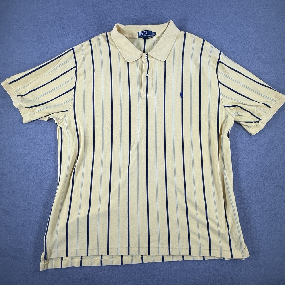 Ralph Lauren Polo Shirt Mens 3XLB Yellow Blue Striped Pony Casual Short Sleeve